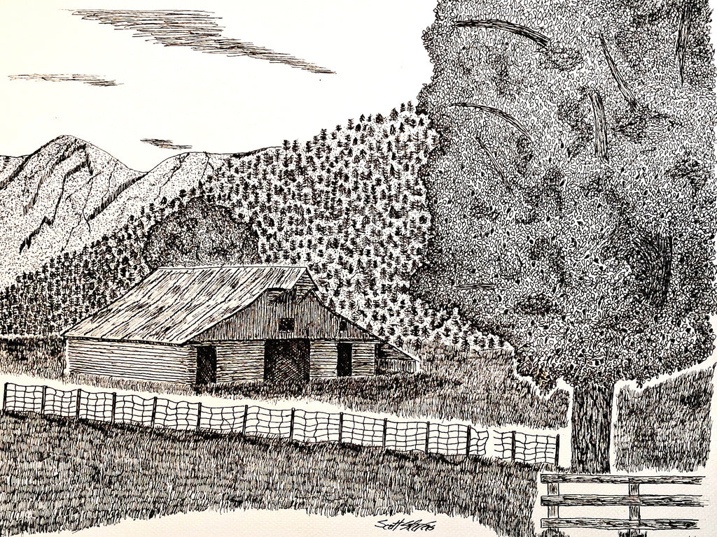 Black and white ink illustration of a rustic wooden barn set in a mountain landscape with a fence, tree, and forested hills.