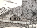 Black and white ink illustration of a rustic wooden barn set in a mountain landscape with a fence, tree, and forested hills.