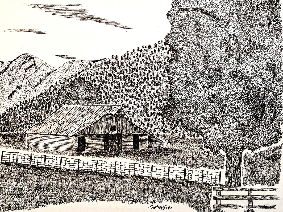 Black and white ink illustration of a rustic wooden barn set in a mountain landscape with a fence, tree, and forested hills.