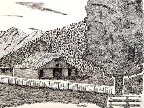 Black and white ink illustration of a rustic wooden barn set in a mountain landscape with a fence, tree, and forested hills.