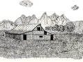 Pen and Ink drawing of a barn at the base of the Grand Teton mountain range. 