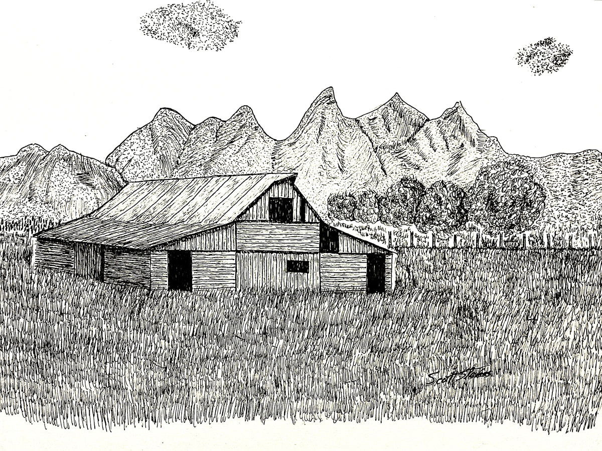Pen and Ink drawing of a barn at the base of the Grand Teton mountain range. 
