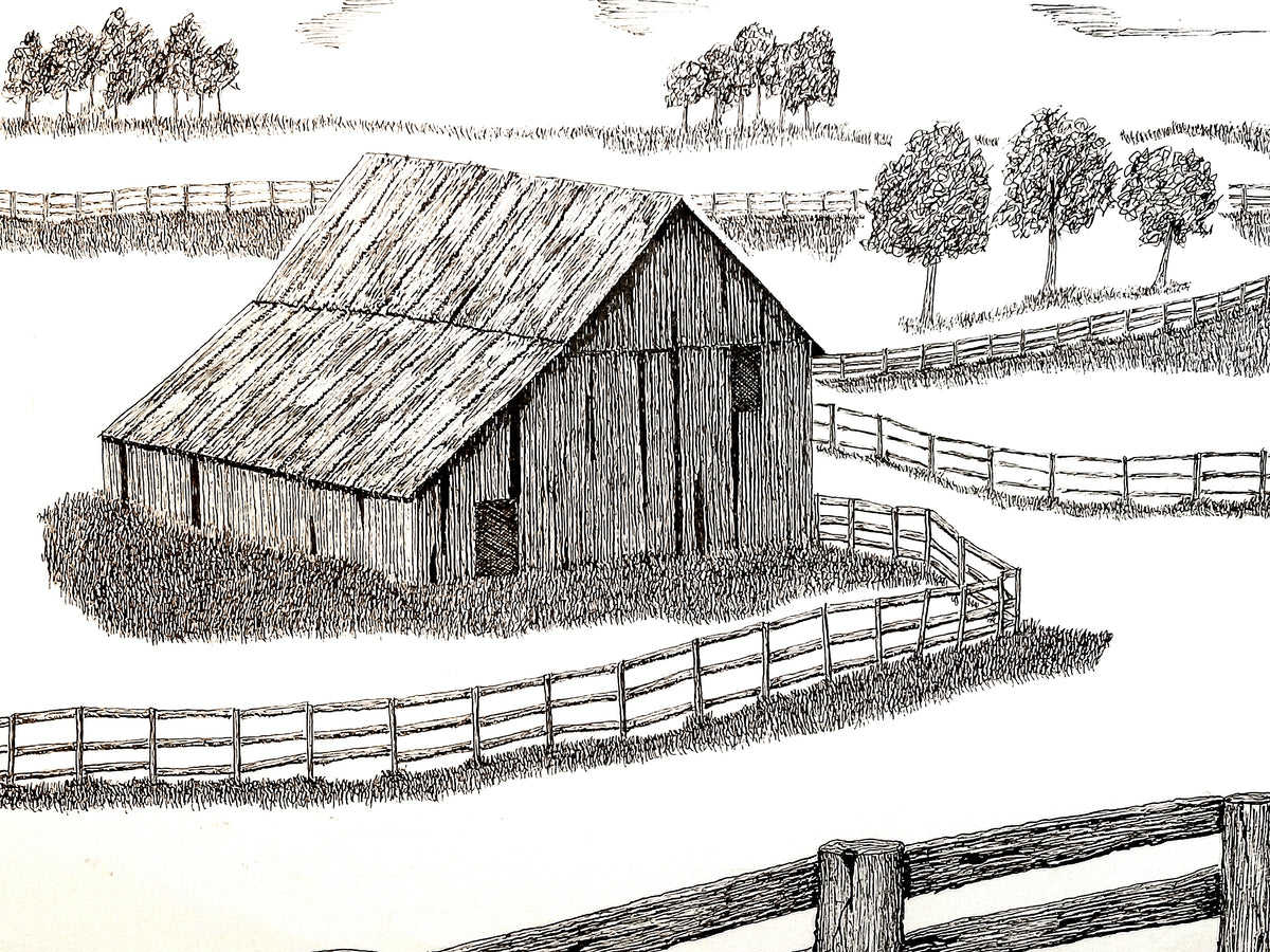 A black and white hand-drawn illustration of a rustic wooden barn surrounded by fences, with trees and open fields in the background.