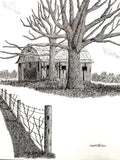 Black and white ink drawing of a rustic barn with two large leafless trees in front, a wire fence in the foreground, and a small artist signature in the lower right corner.