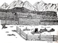 Black and white hand-drawn landscape illustration featuring a rustic wooden barn, fences, trees, and mountains in a sketch style.