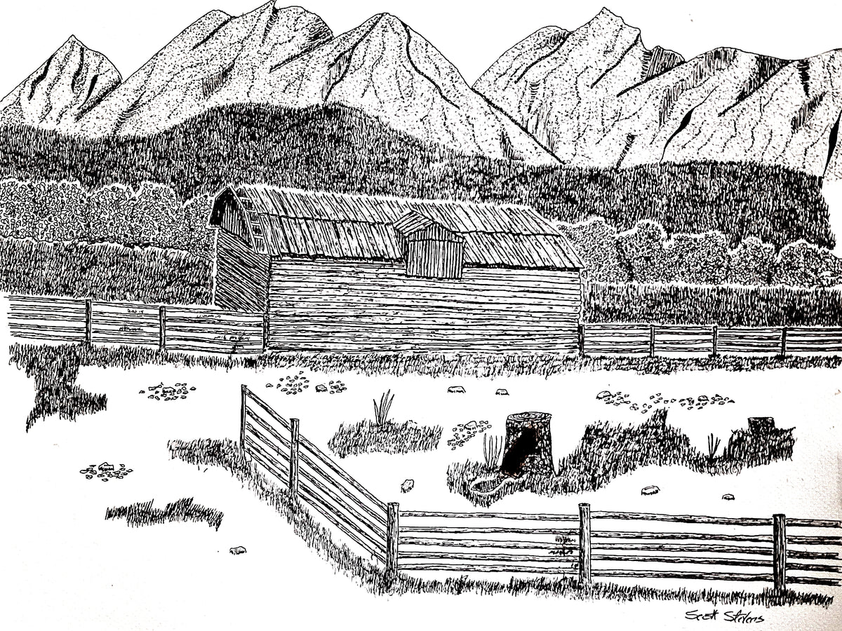 Black and white hand-drawn landscape illustration featuring a rustic wooden barn, fences, trees, and mountains in a sketch style.