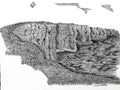 A black and white hand-drawn ink illustration depicting a rocky cliffside or waterfall scene with textured cross-hatching and sketchy cloud-like forms above on a white background.