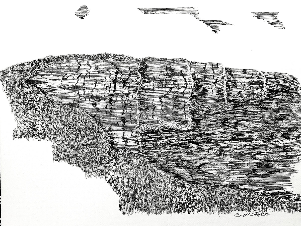 A black and white hand-drawn ink illustration depicting a rocky cliffside or waterfall scene with textured cross-hatching and sketchy cloud-like forms above on a white background.