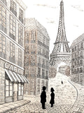Black and white ink illustration of a Parisian street with buildings, a cafe awning, two silhouetted figures, and the Eiffel Tower in the distance.