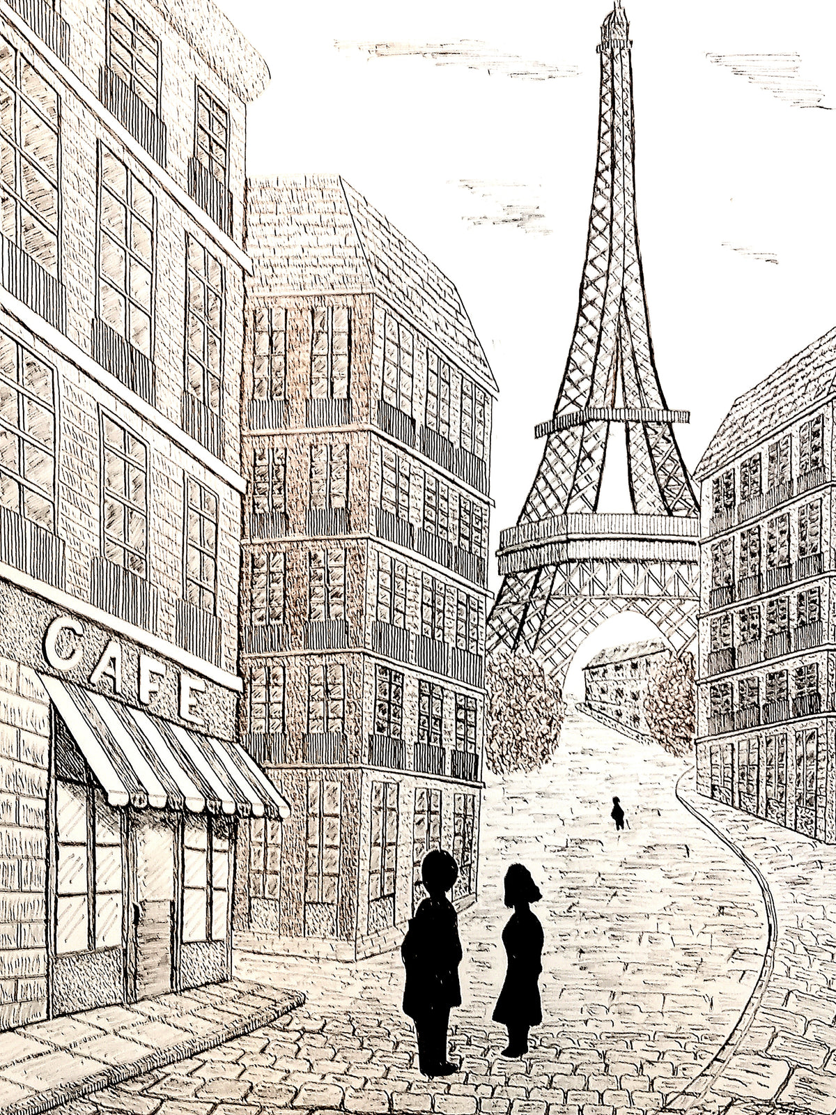 Black and white ink illustration of a Parisian street with buildings, a cafe awning, two silhouetted figures, and the Eiffel Tower in the distance.