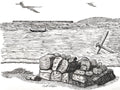 Black and white ink sketch depicting a coastal scene with a small boat on the water, a low stone wall in the foreground, and a sword embedded in the rocks. 