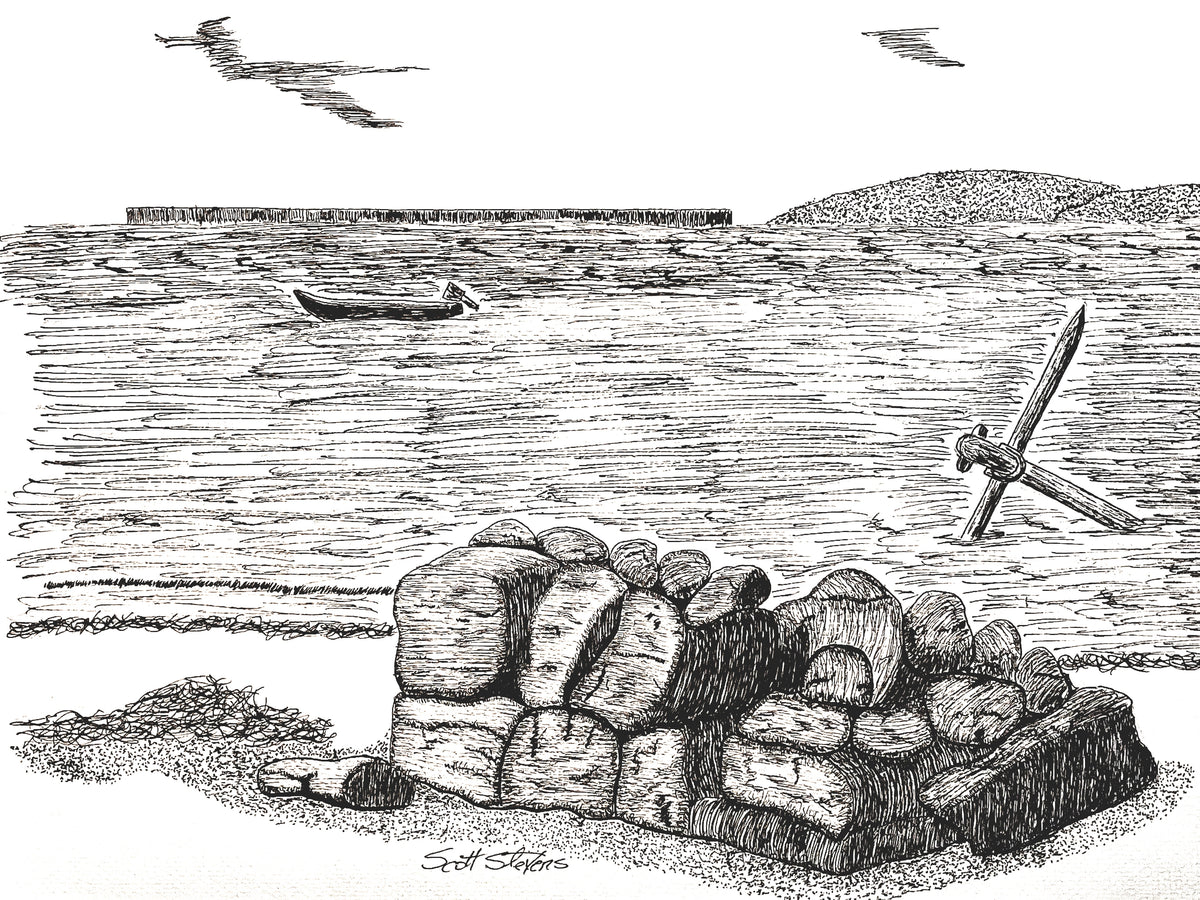 Black and white ink sketch depicting a coastal scene with a small boat on the water, a low stone wall in the foreground, and a sword embedded in the rocks. 