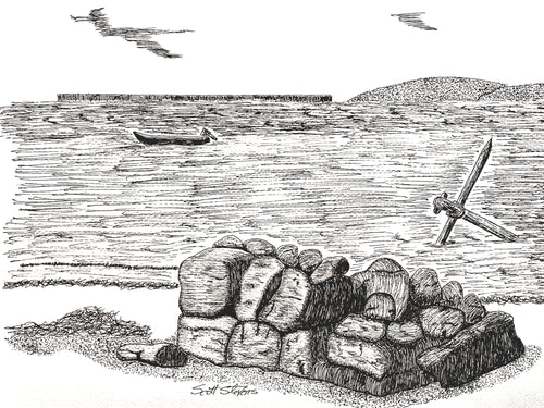 Black and white ink sketch depicting a coastal scene with a small boat on the water, a low stone wall in the foreground, and a sword embedded in the rocks. 