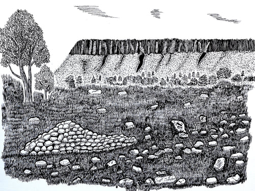 Black and white hand-drawn ink illustration depicting a rocky hillside landscape with trees, grass, scattered stones, and a pile of rocks in the foreground.