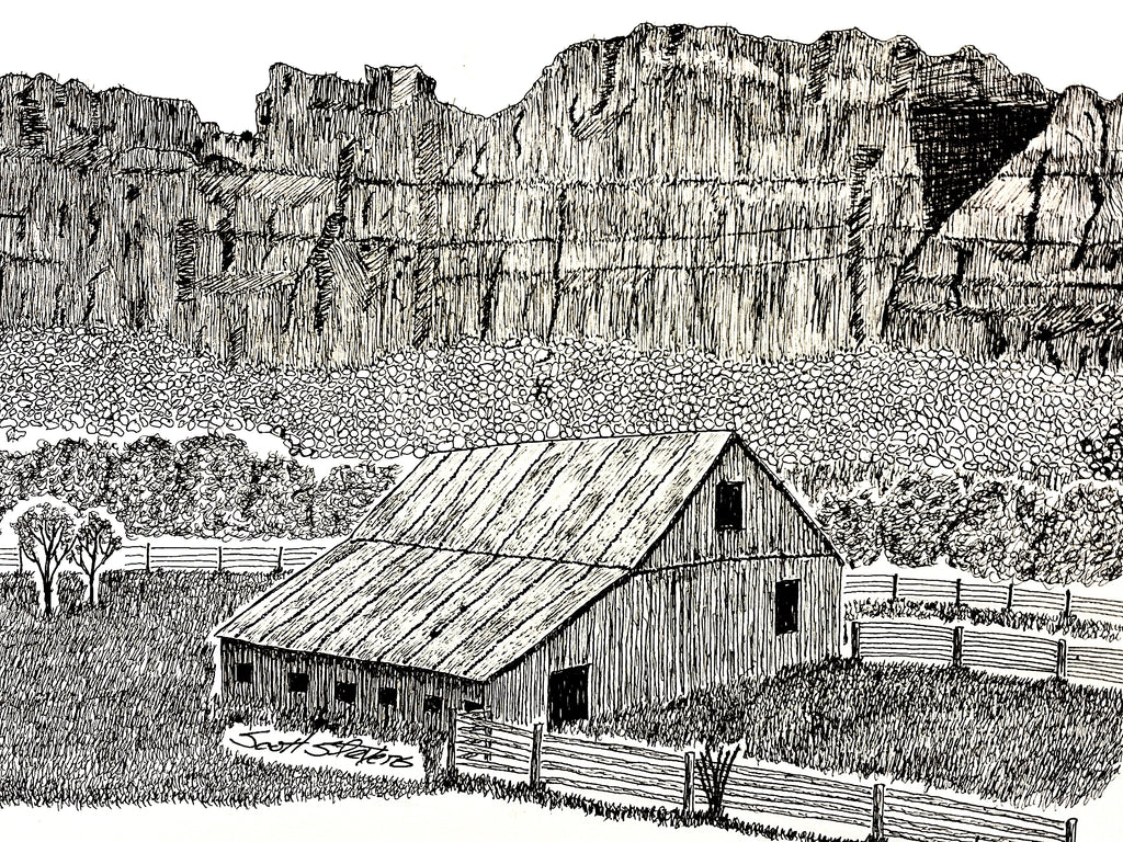 Black and white ink illustration of a rustic wooden barn with a slanted roof, surrounded by fences and grass, set against a large rocky cliff formation.