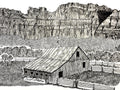 Black and white ink illustration of a rustic wooden barn with a slanted roof, surrounded by fences and grass, set against a large rocky cliff formation.