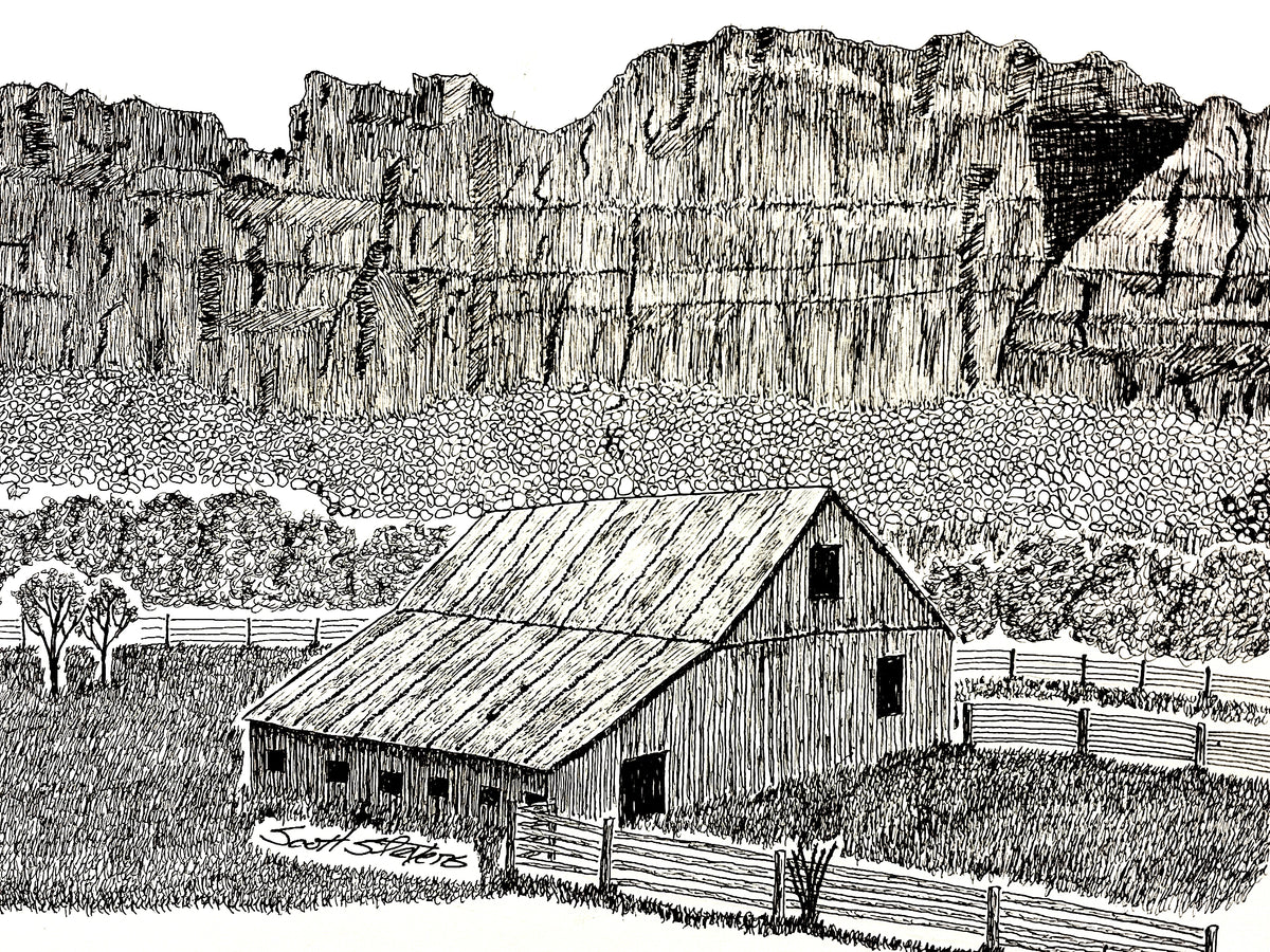Black and white ink illustration of a rustic wooden barn with a slanted roof, surrounded by fences and grass, set against a large rocky cliff formation.
