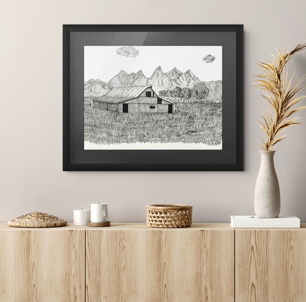 Framed pen and ink drawing of the Grand Teton National Park. 