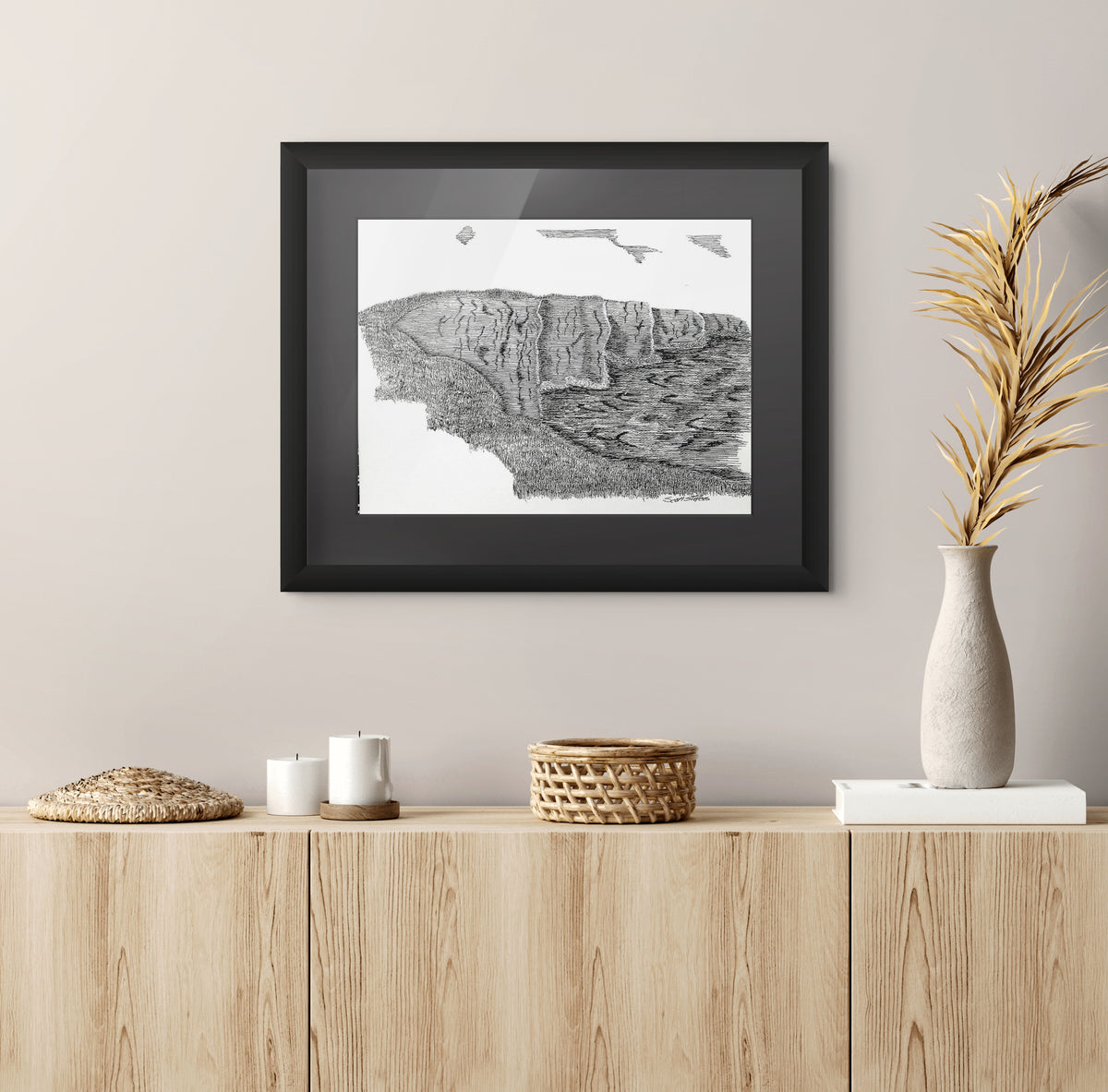 Framed 'Cliffs of Moher' drawing. 