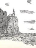 Black and white drawing of a lighthouse on a majestic seacliff overlooking the ocean. 