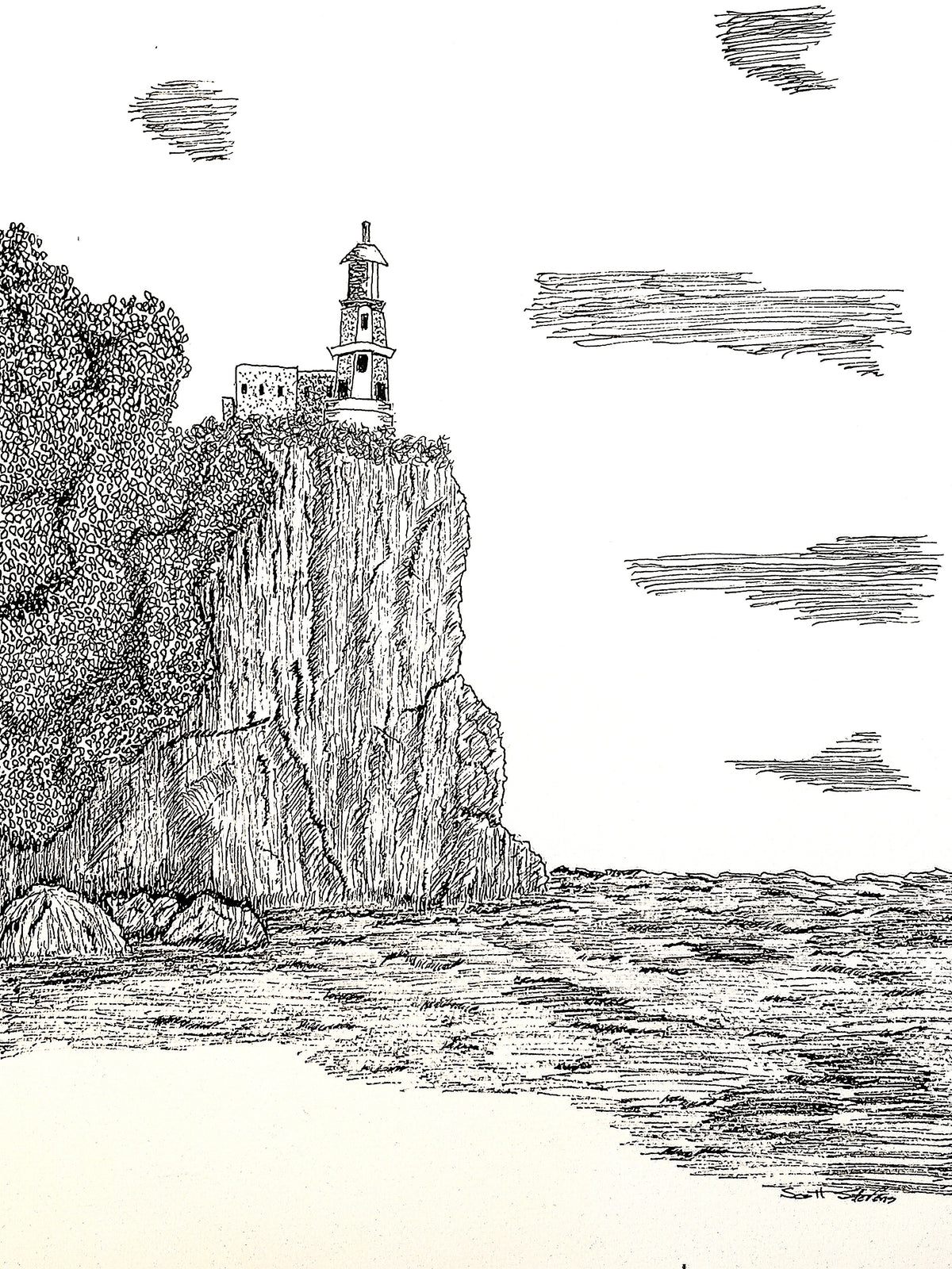 Black and white drawing of a lighthouse on a majestic seacliff overlooking the ocean. 