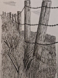 A black and white ink drawing of a rustic fence with wooden posts and barbed wire in a grassy field.
