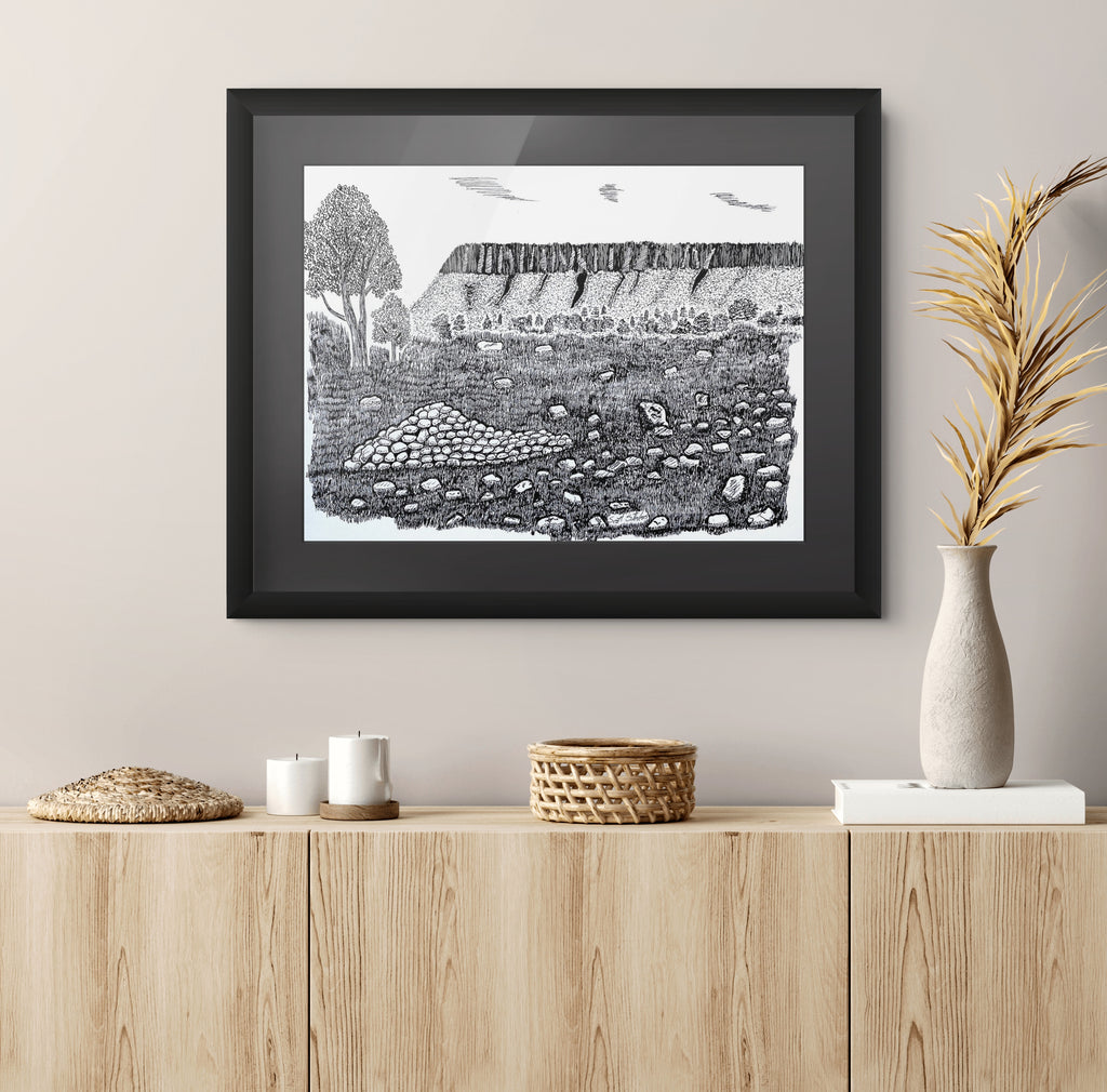 Framed pen and ink drawing of a mountain range in Ireland. 