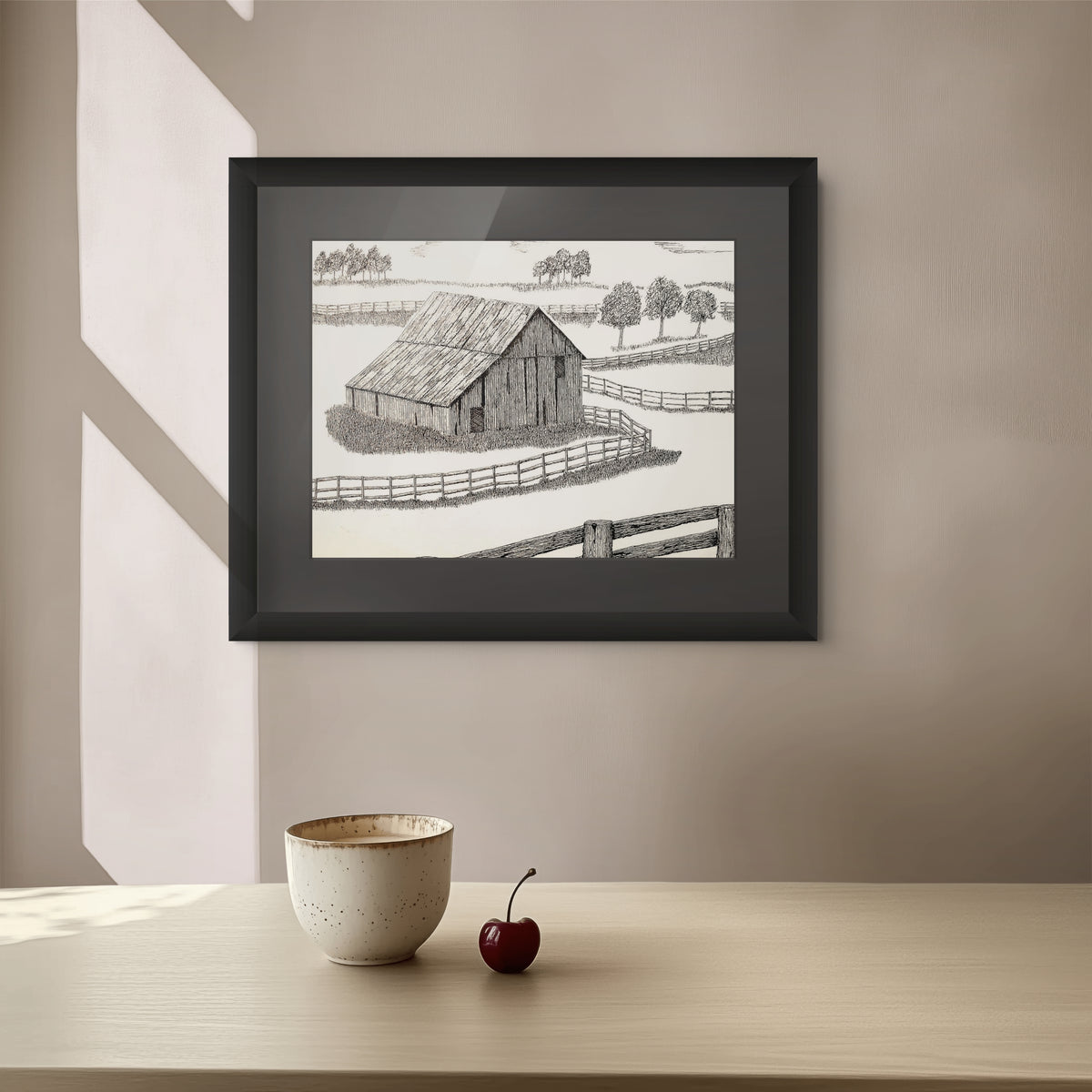 Framed 'Sandusky Farms' drawing.