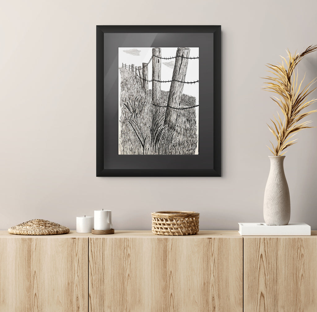 Framed 'Fence Line ' drawing 