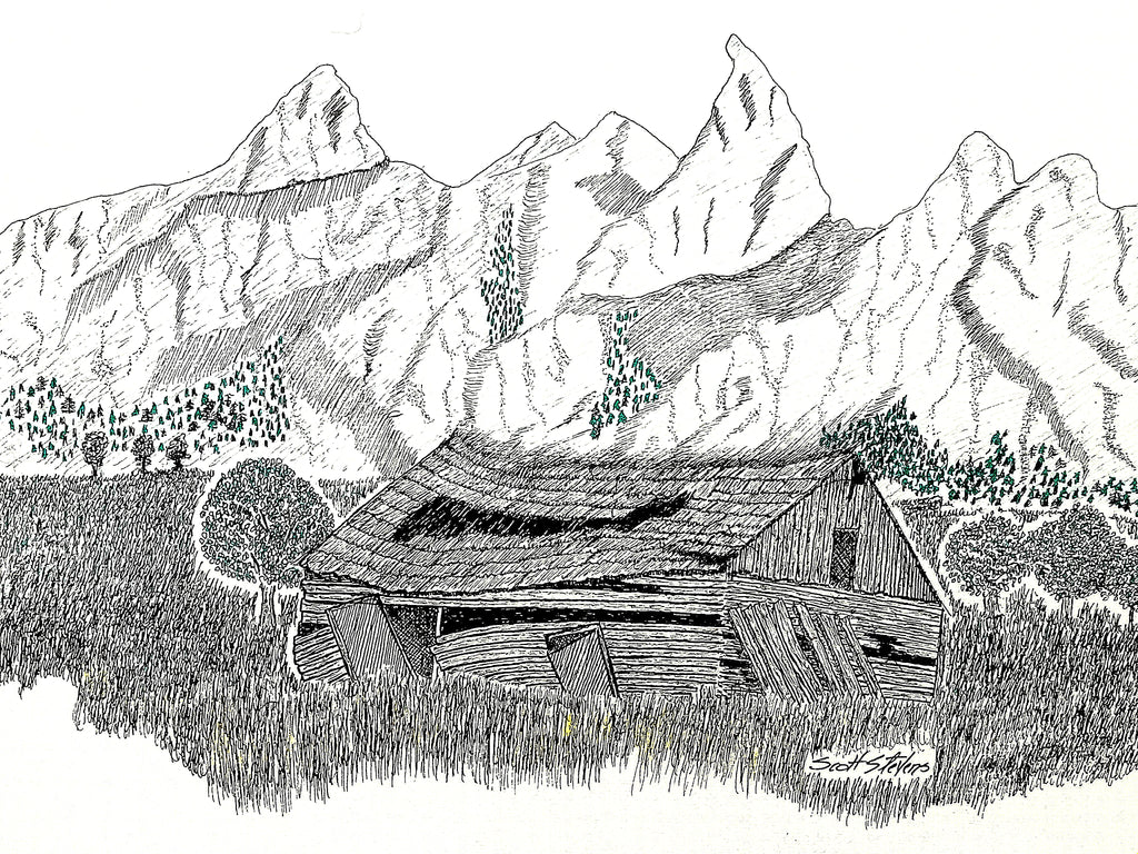 Pen and Ink drawing of an old barn in a mountain valley. 
