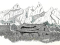 Pen and Ink drawing of an old barn in a mountain valley. 