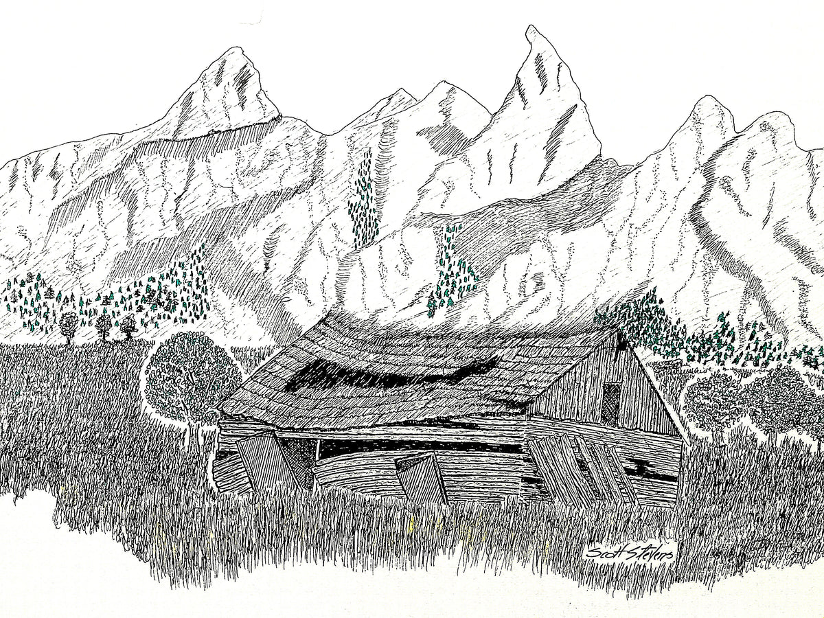 Pen and Ink drawing of an old barn in a mountain valley. 