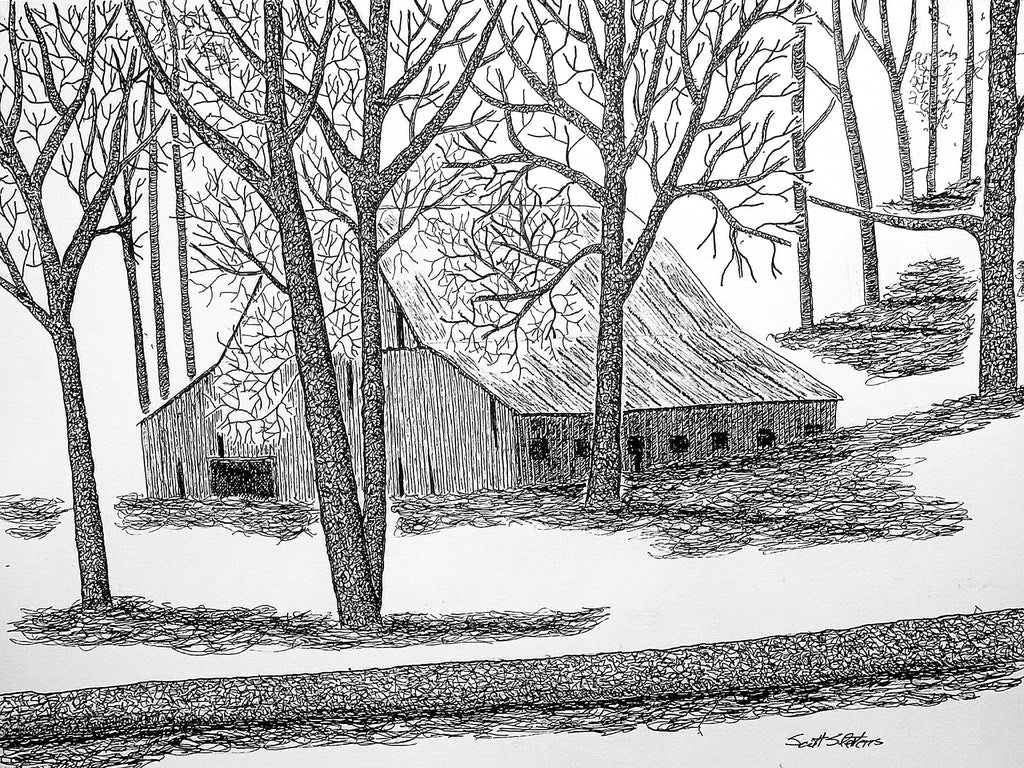 Black and white ink drawing of a rustic wooden cabin surrounded by leafless trees, with a path leading through the woods.