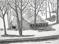 Black and white ink drawing of a rustic wooden cabin surrounded by leafless trees, with a path leading through the woods.