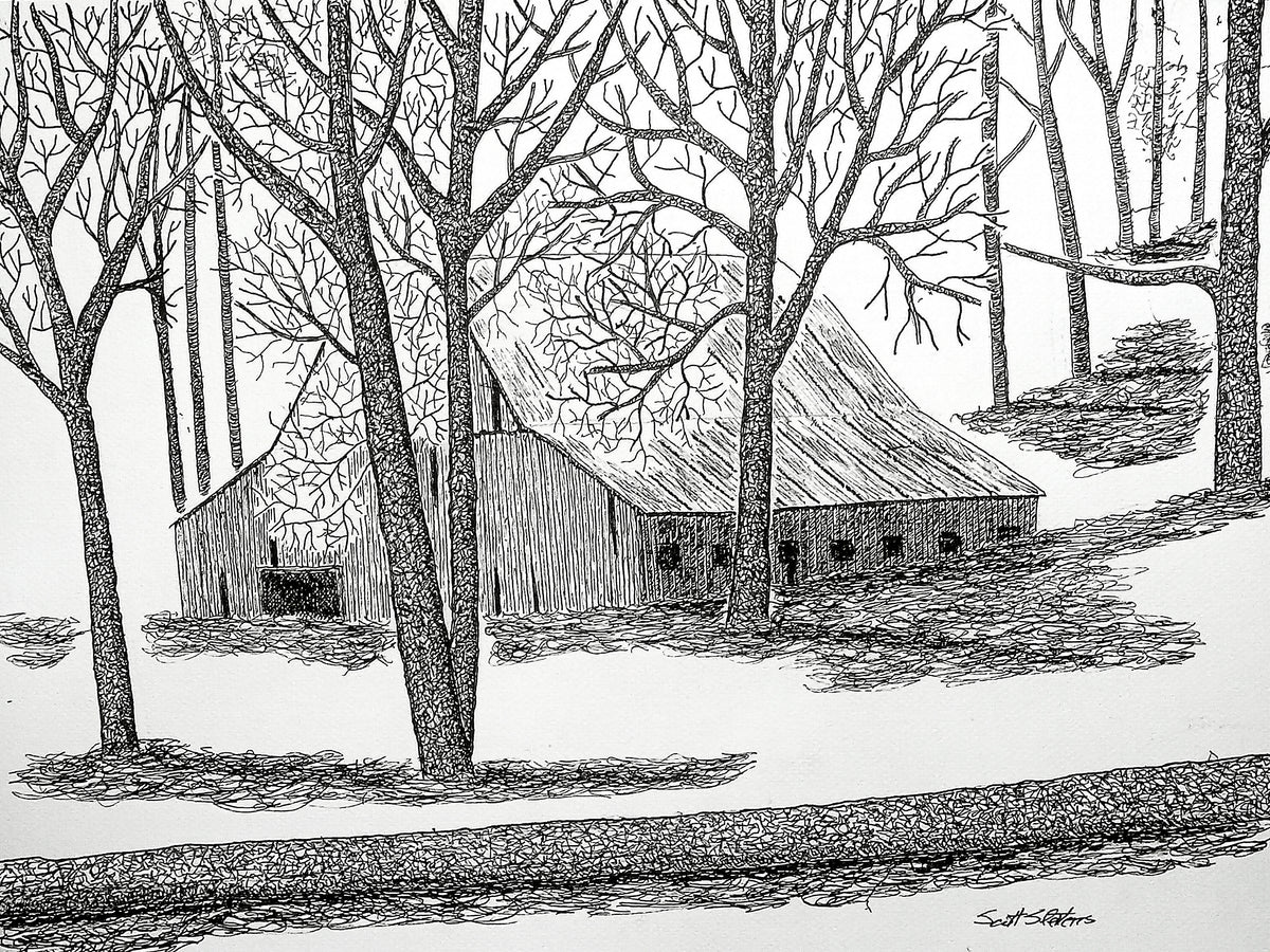 Black and white ink drawing of a rustic wooden cabin surrounded by leafless trees, with a path leading through the woods.
