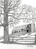 Black and white line art illustration of a rural farm scene featuring a large bare tree, a wooden fence, a barn, and a silo, with the signature 'Scott Stevens' in the lower right corner.