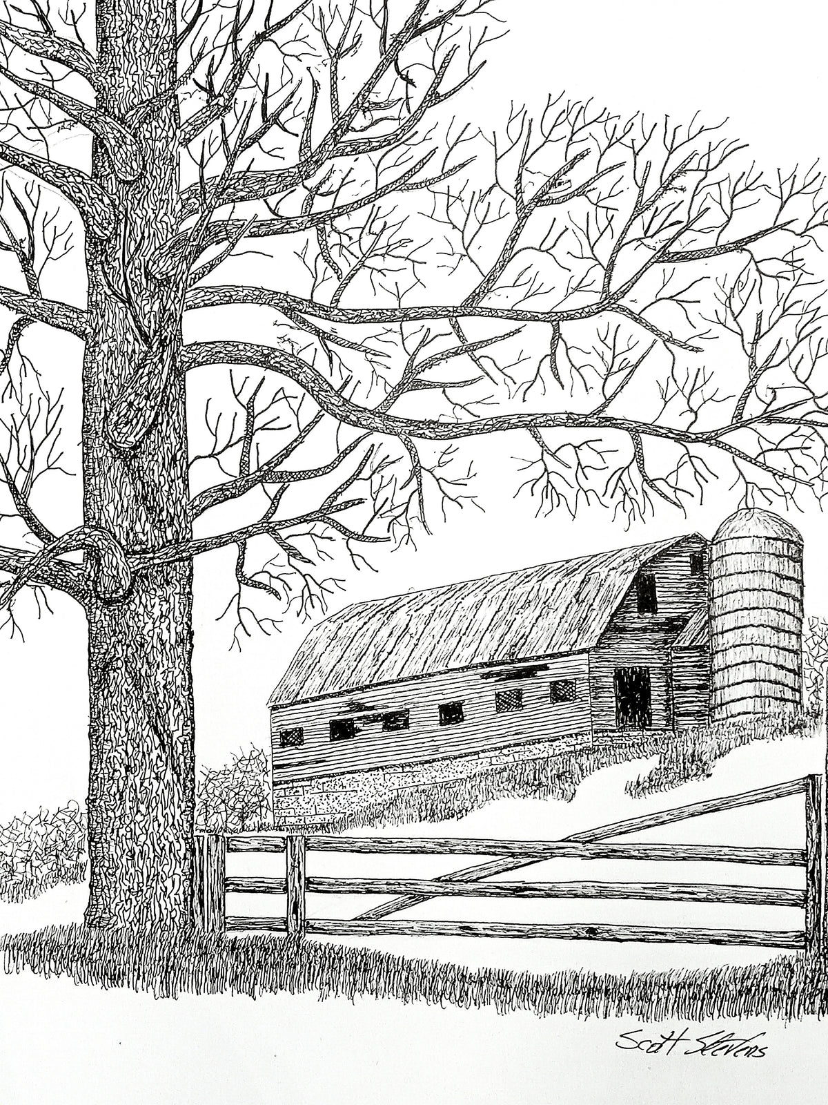Black and white line art illustration of a rural farm scene featuring a large bare tree, a wooden fence, a barn, and a silo, with the signature 'Scott Stevens' in the lower right corner.