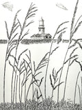Black and white hand-crafted pen and ink depiction of a distant lighthouse as seen through reeds. 