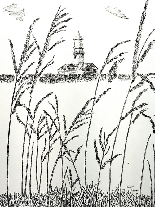 Black and white hand-crafted pen and ink depiction of a distant lighthouse as seen through reeds. 